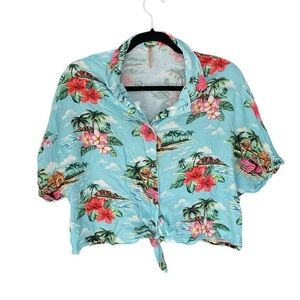 HARLOW Tropical Floral Print Cropped Tie-Front Top Blue L